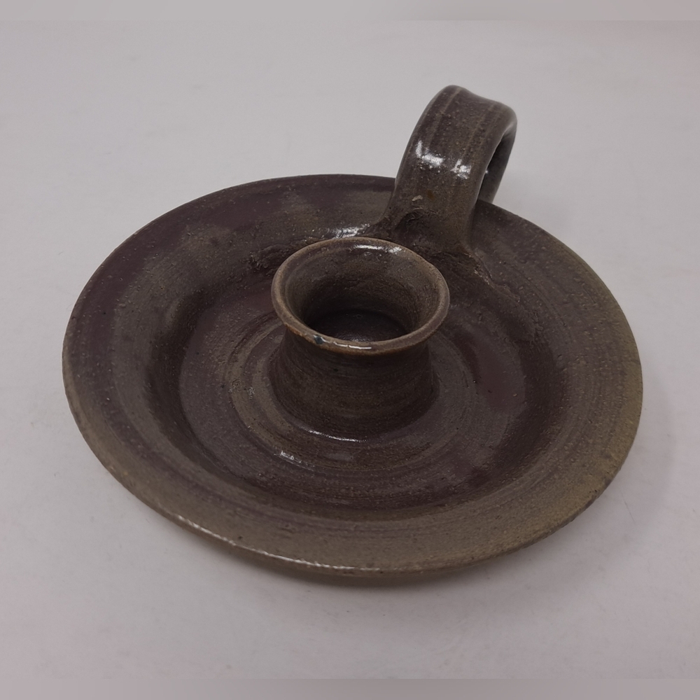 Vintage Candle Holder Candlestick Finger Loop Drip Bowl Signed Ceramic Pottery - Picture 10 of 11